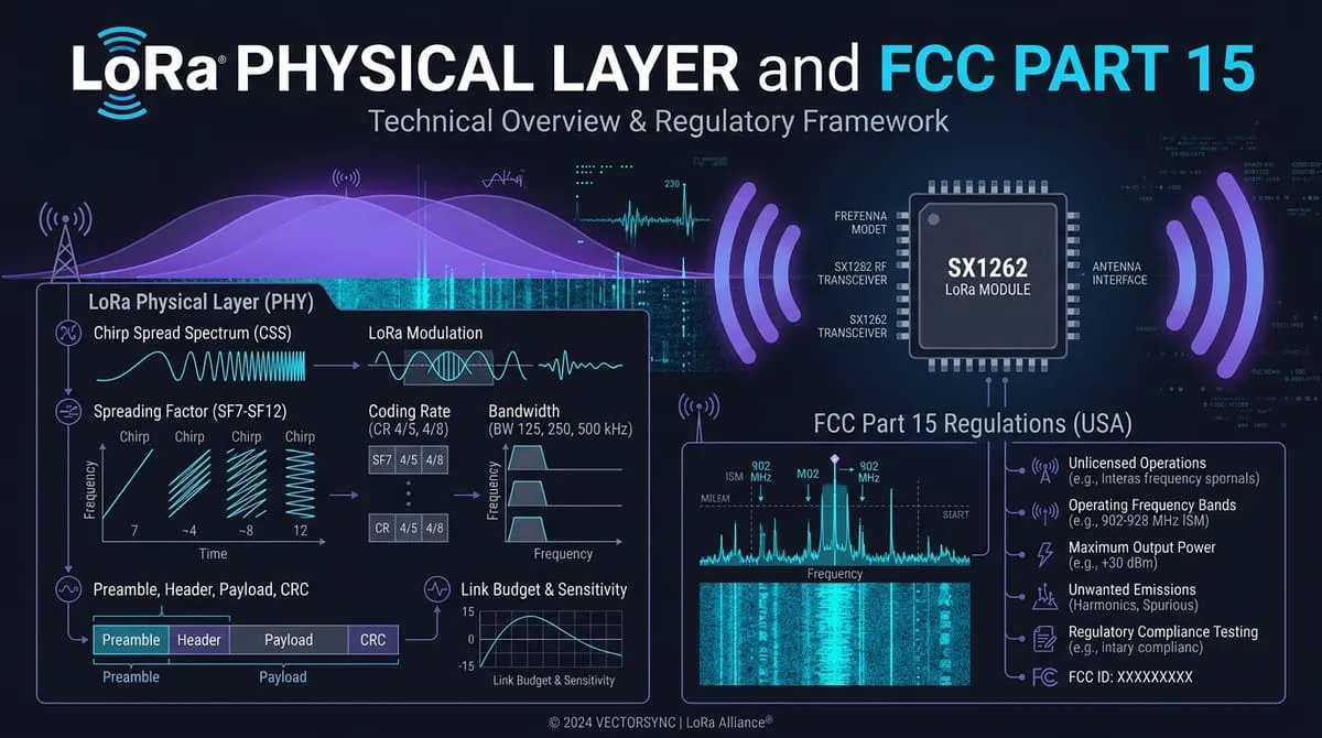 Technical illustration of LoRa chirp spread spectrum waveforms, SX1262 transceiver module, and FCC Part 15 regulatory framework