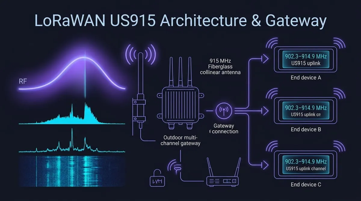 Technical vector illustration of LoRaWAN US915 gateway, outdoor collinear antenna, and Class A/B/C end devices with uplink frequency spectrum