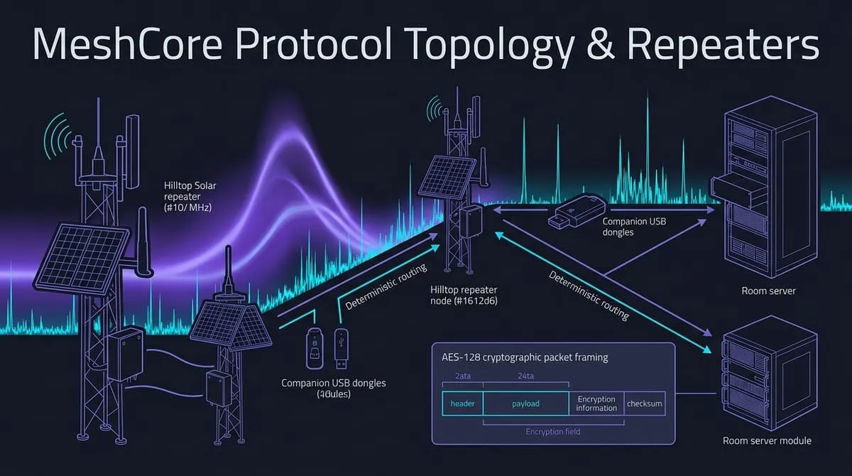 Technical vector illustration of MeshCore companion USB dongles, hilltop solar repeaters, room servers, and AES-128 packet framing