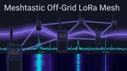 Technical vector illustration of Meshtastic handheld nodes with OLED displays, 906.875 MHz spectrum waterfall, and multi-hop flood mesh routing
