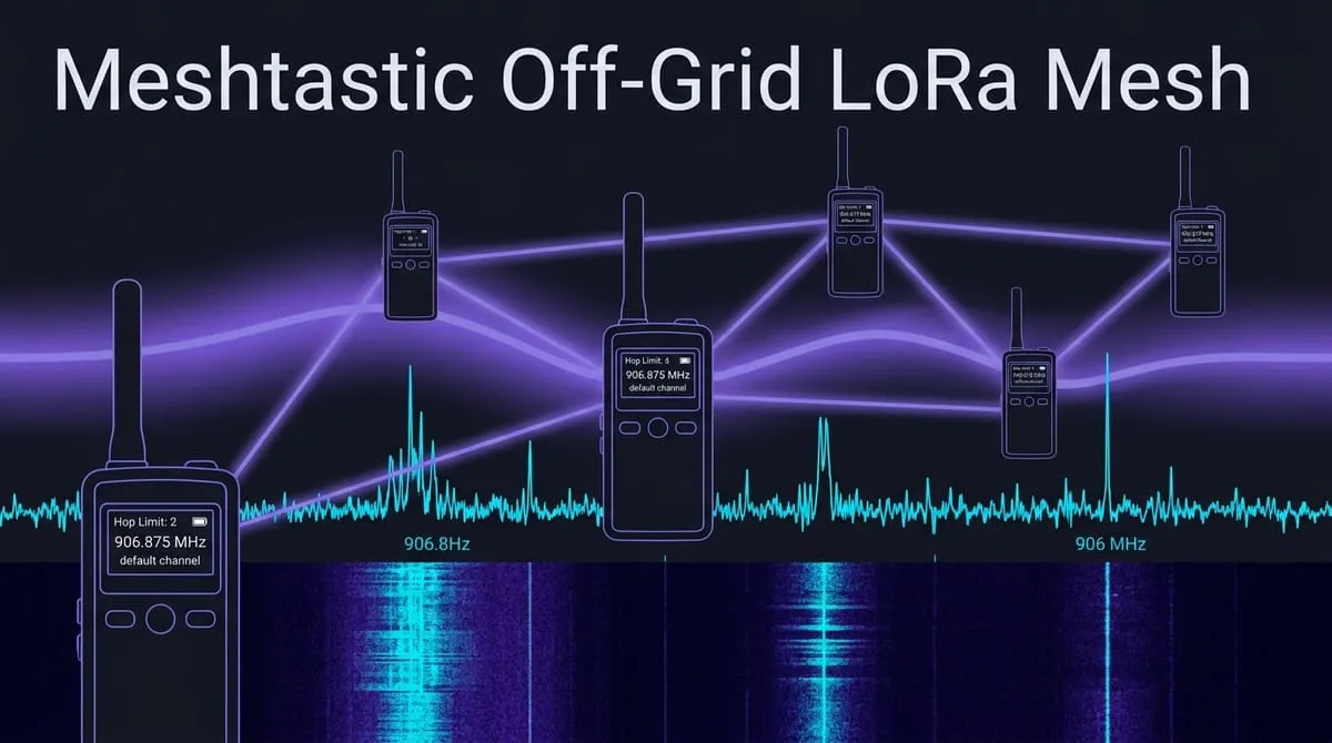 Technical vector illustration of Meshtastic handheld nodes with OLED displays, 906.875 MHz spectrum waterfall, and multi-hop flood mesh routing